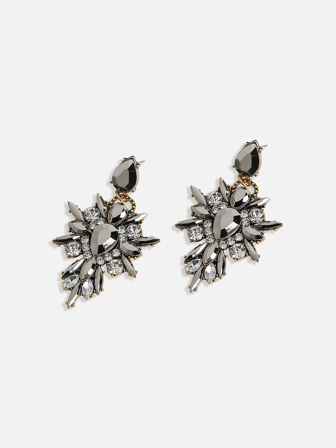 Gold-Plated Crystal-Studded Contemporary Drop Earrings