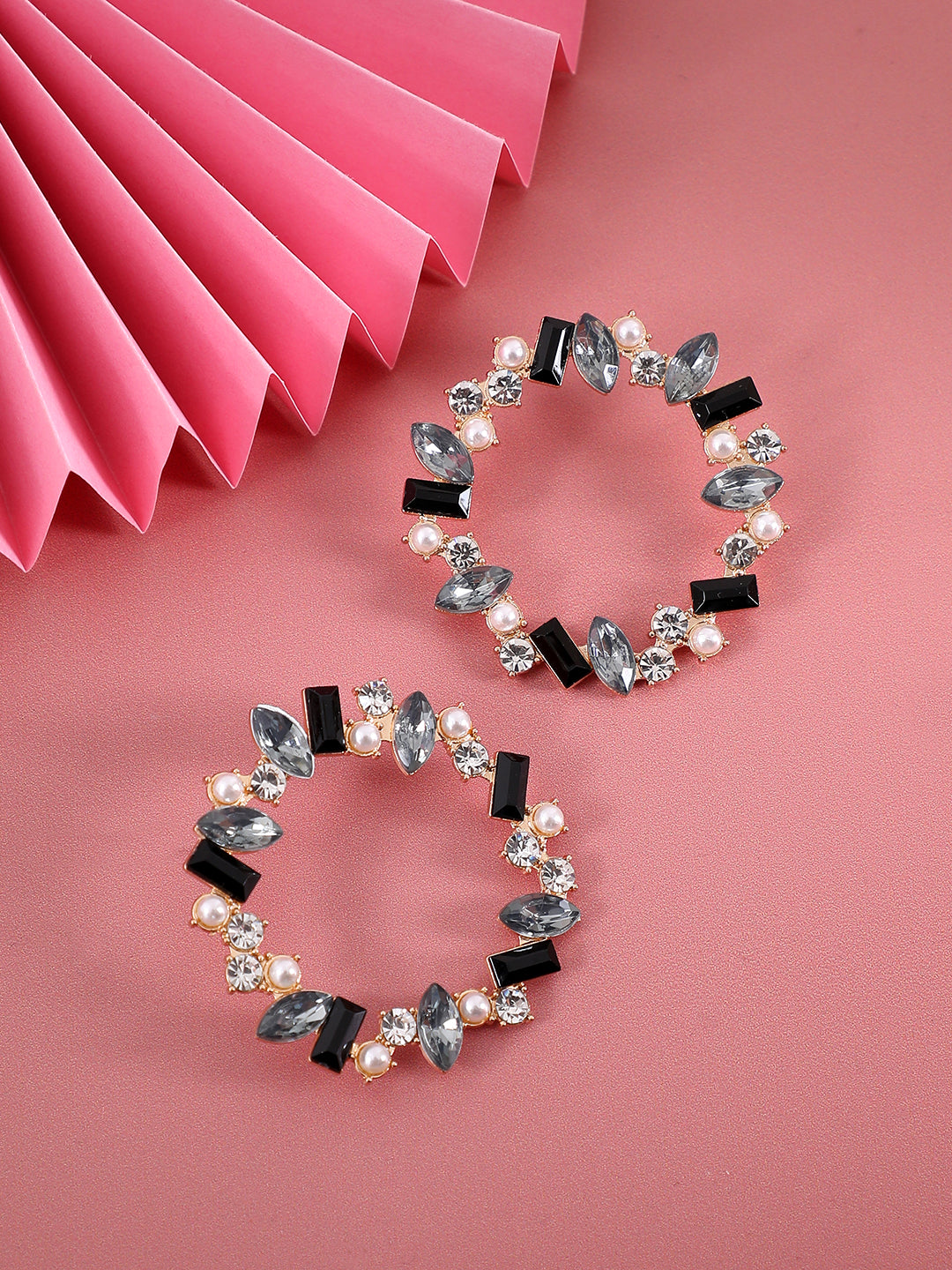 Gold-Plated Crystal-Studded Contemporary Hoop Earrings