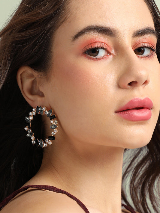 Gold-Plated Crystal-Studded Contemporary Hoop Earrings