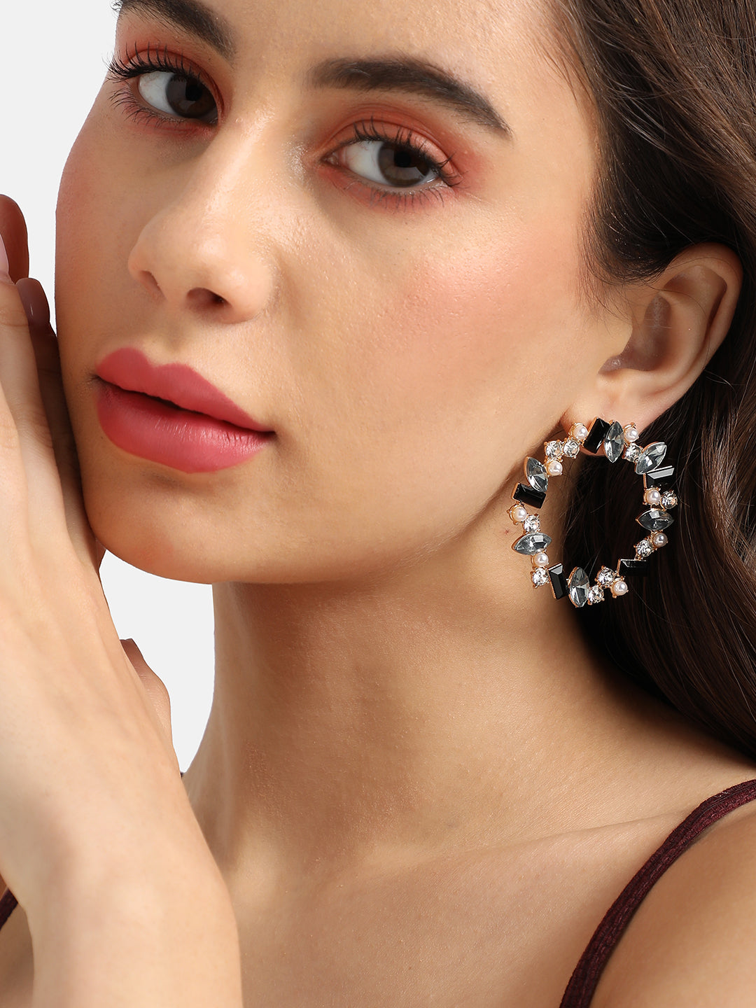 Gold-Plated Crystal-Studded Contemporary Hoop Earrings