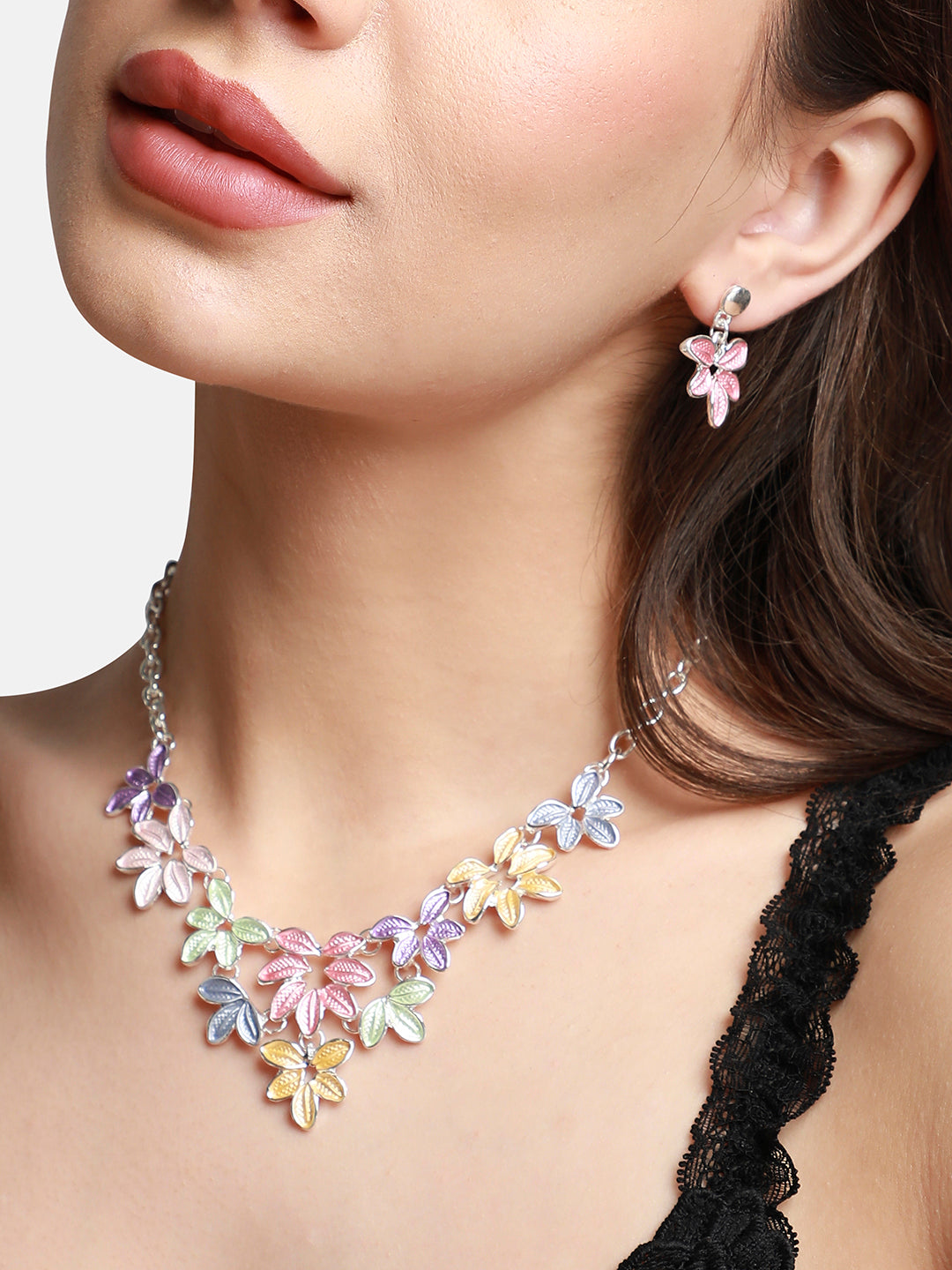 Silver-Plated Pastel Foliage Jewellery Set