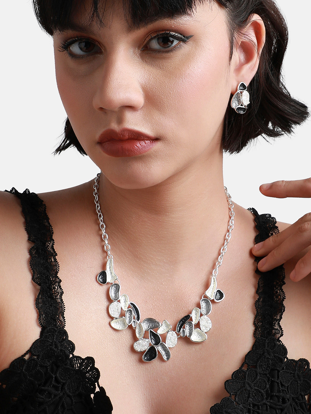 Silver-Plated Dented Abstract Jewellery Set
