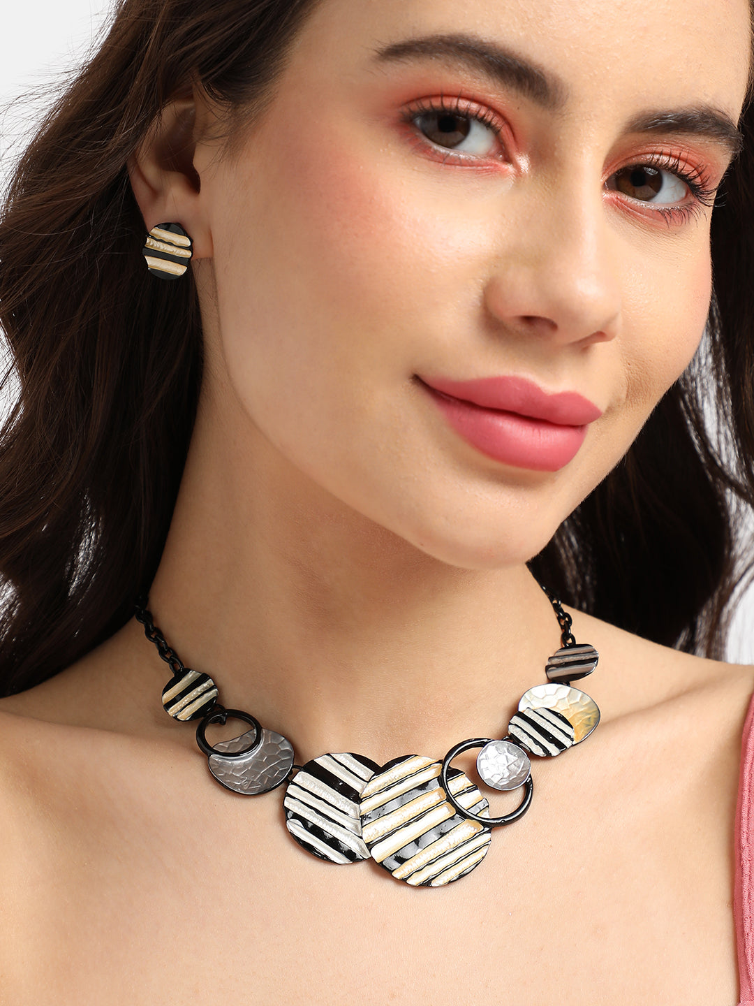 Textured Circular Necklace Earrings Jewellery Set