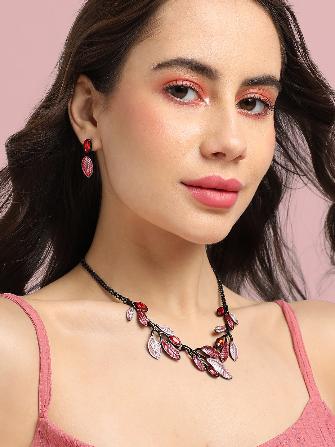 Stone Leaf Necklace Earrings Jewellery Set
