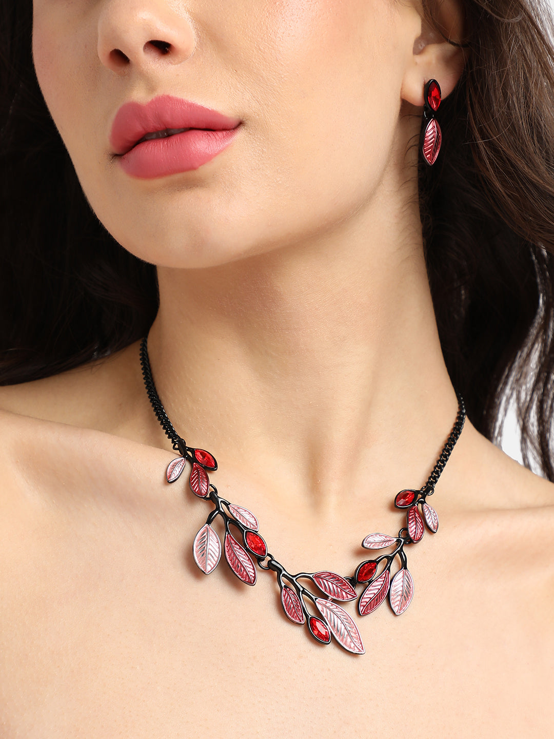 Stone Leaf Necklace Earrings Jewellery Set