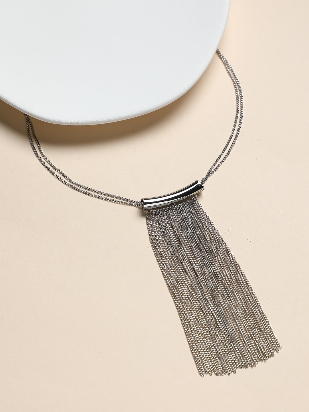 The Hanging Chain Bar Lariat Necklace - Metallic Silver-SOHINC6056