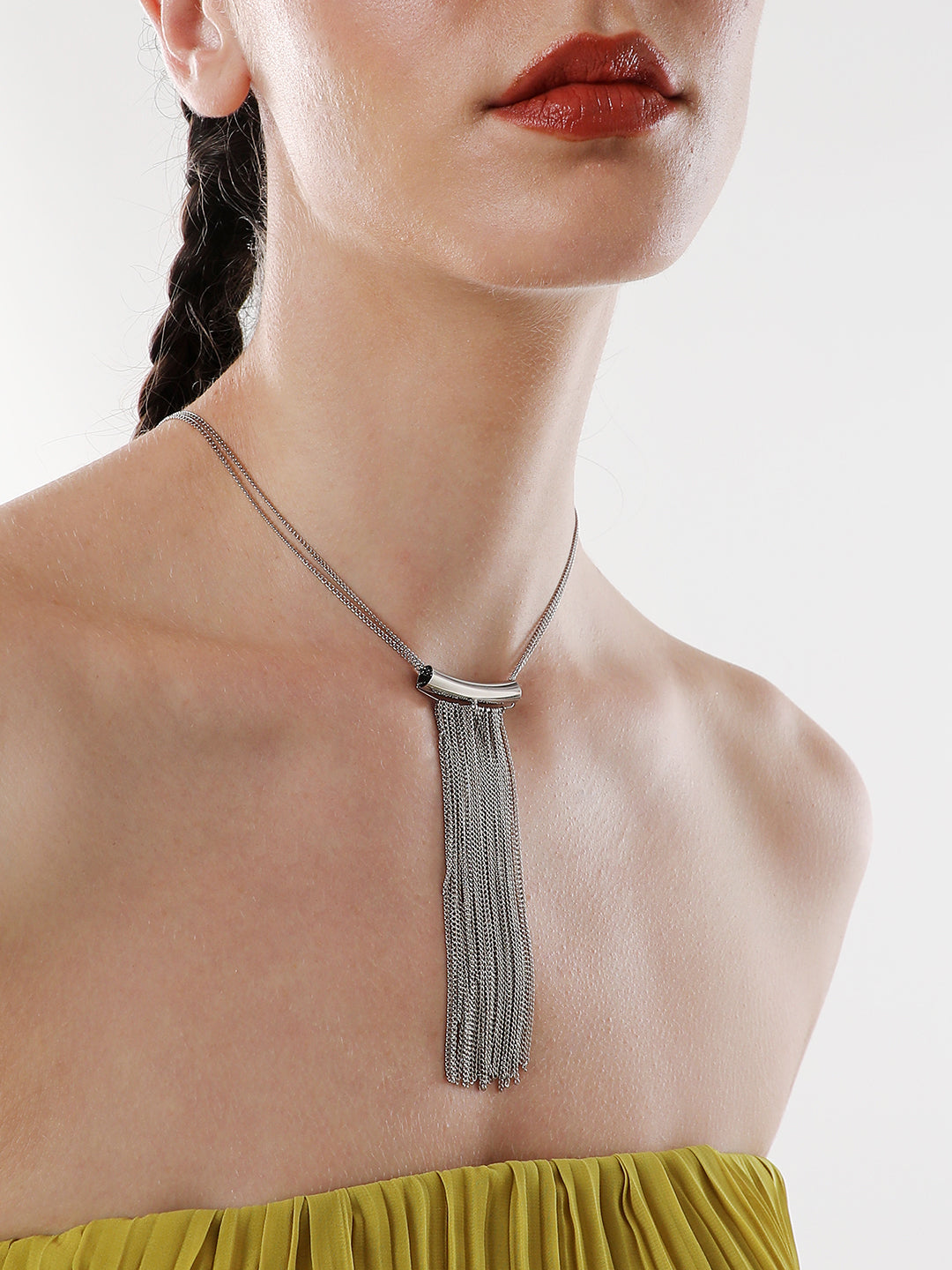 The Hanging Chain Bar Lariat Necklace - Metallic Silver-SOHINC6056