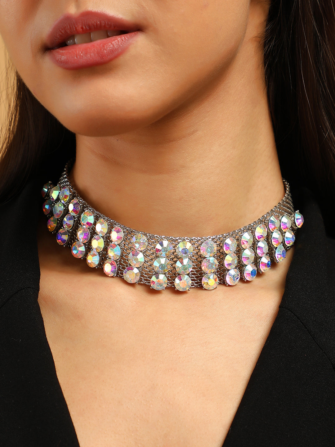The Bijou Mesh Choker Necklace - Metallic Silver-SOHINC6256