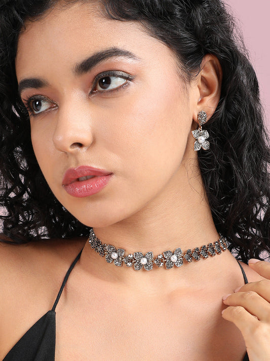 Gold-Plated Crystal-Stones Studded Flower Statement Jewellery Set