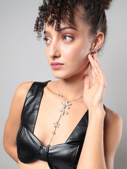 Gold-Plated Studded Designer Party Flower Drop Negligee Necklace