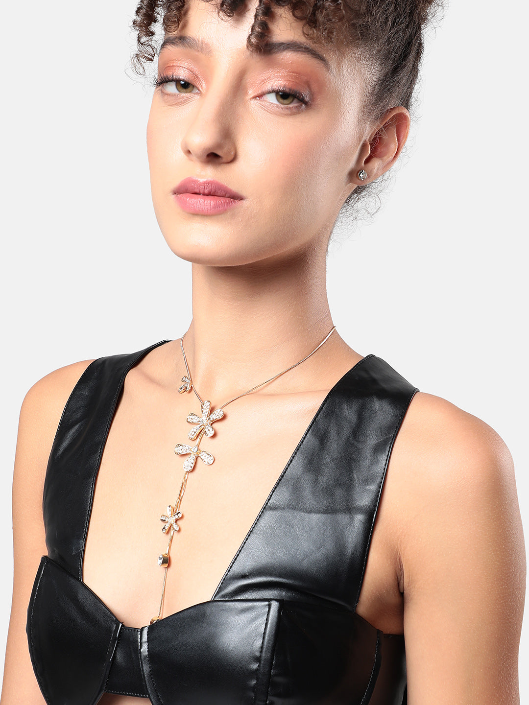 Gold-Plated Studded Designer Party Flower Drop Negligee Necklace