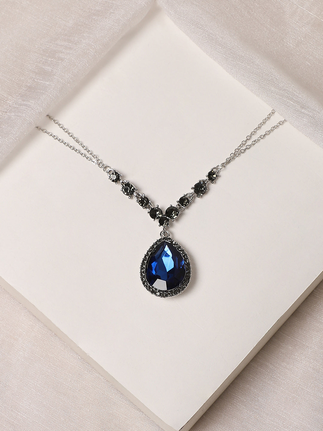 Blue Silver-Plated Stone-Studded Necklace