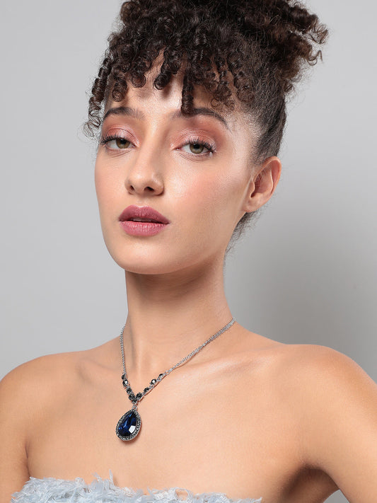 Blue Silver-Plated Stone-Studded Necklace