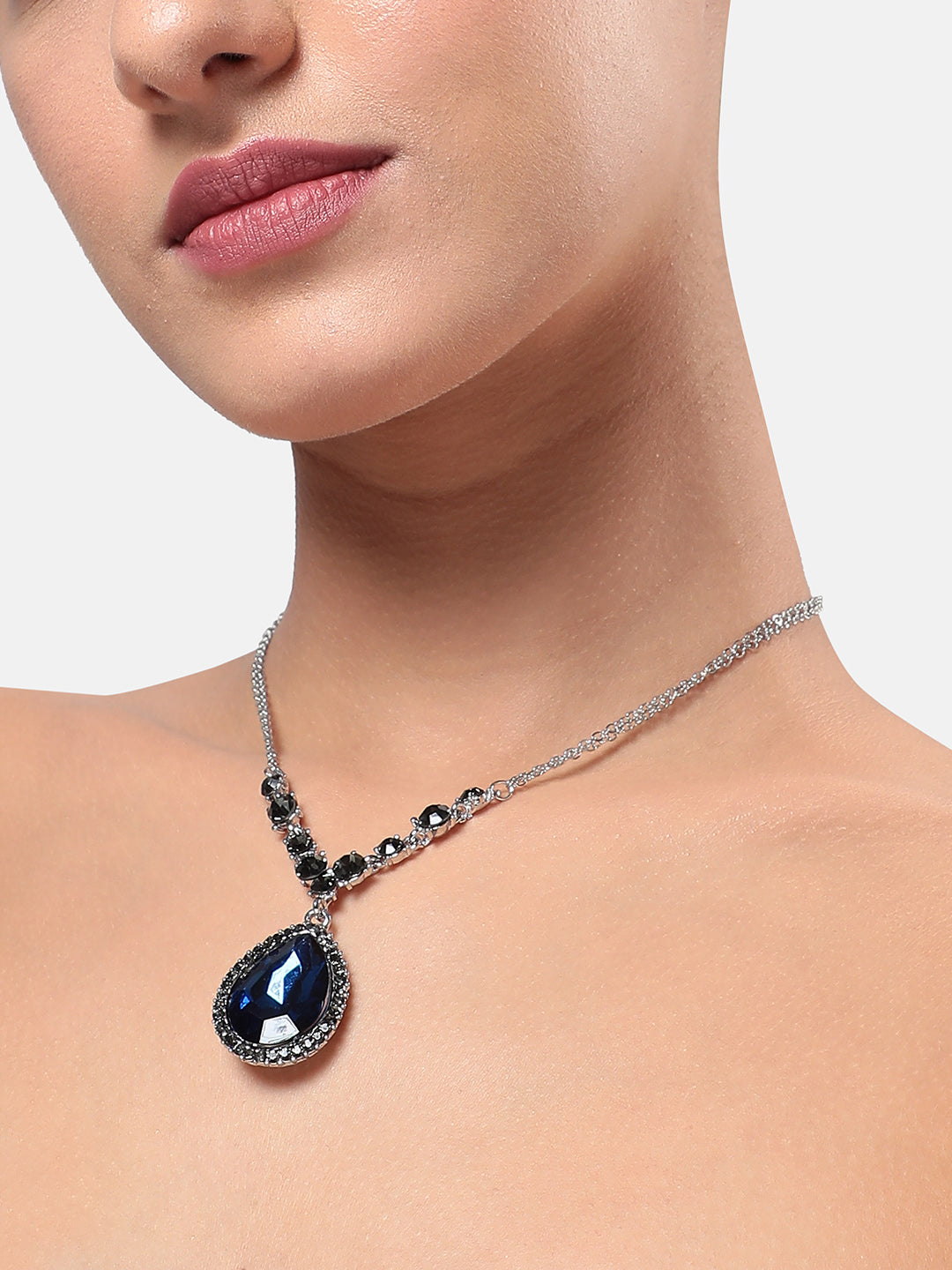 Blue Silver-Plated Stone-Studded Necklace