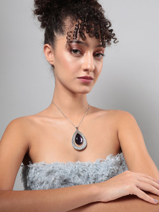 Silver-Plated Oval-Shaped Artificial Stones Studded Pendants With Chains