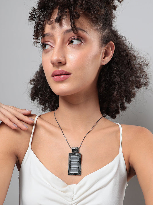 Silver-Plated Stones Studded Geometric Vista Pendant With Chain