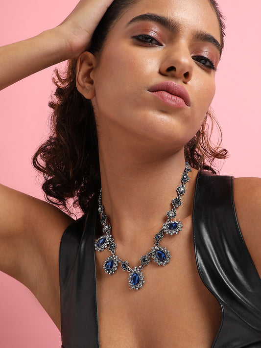 Artificial Stones Silver Plated Oxidised Necklace