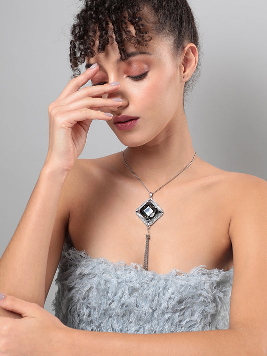 Silver-Plated Stone Studded Pendant Necklace With Tasseled Detail