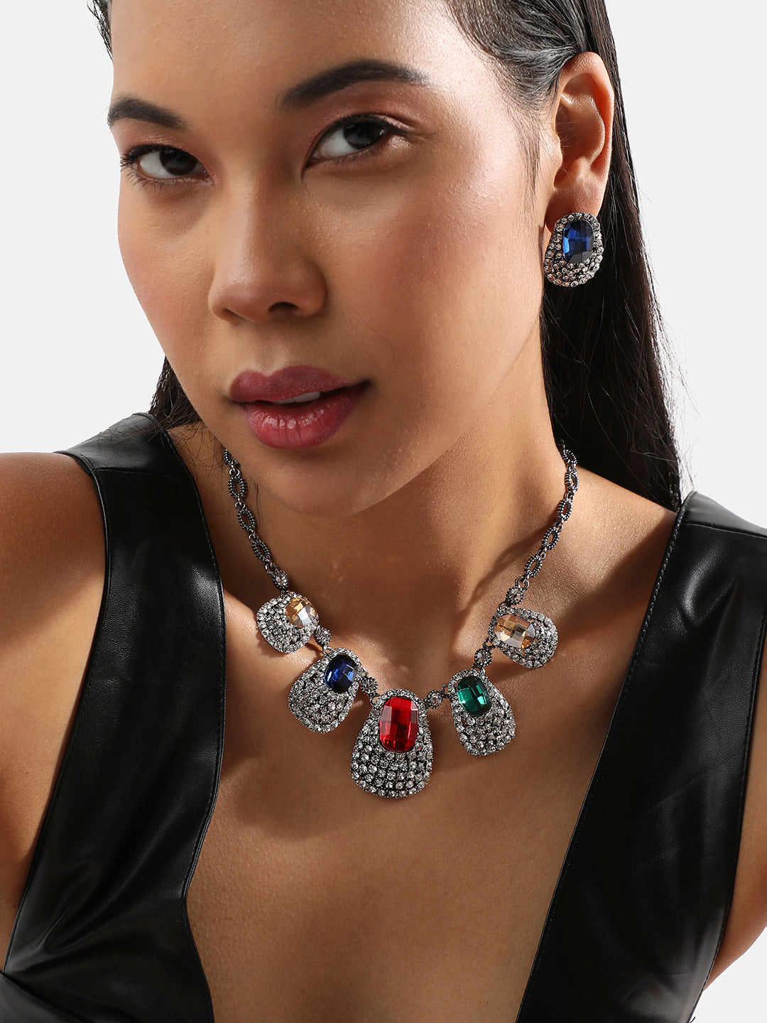 Silver-Plated Crystal-Stones Studded Jewellery Set