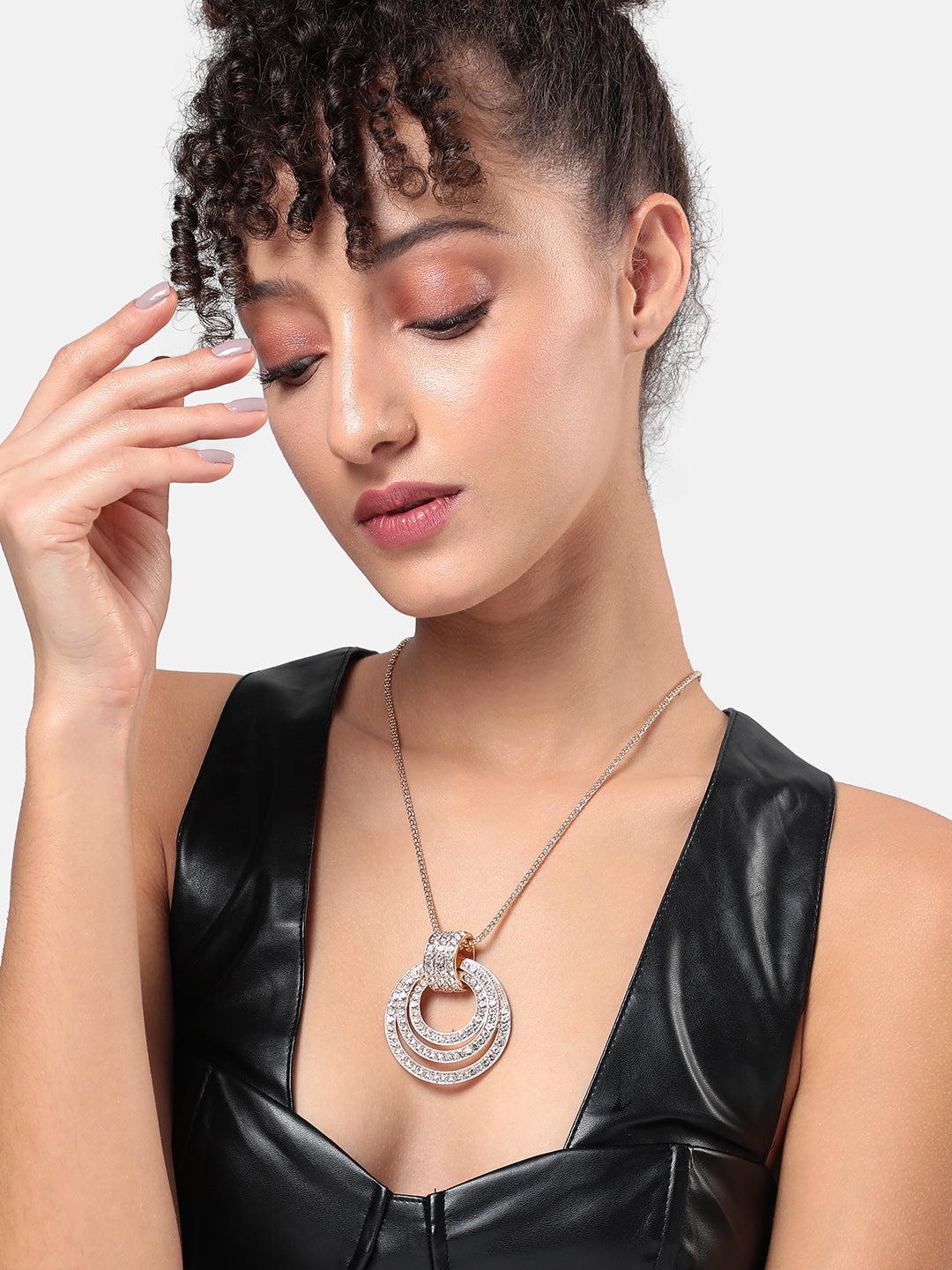 Gold-Plated Circular-Shaped Stones-Studded Pendants with Chains
