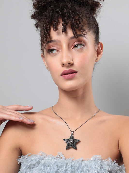 Silver-Plated Stone-Studded Star Shaped Pendant with Chain