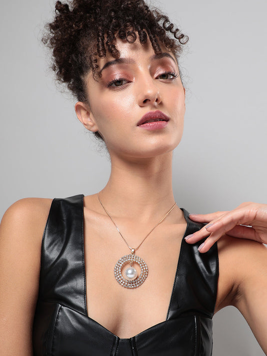 Gold-Plated Stone-Studded Beaded Circular Pendant with Chain