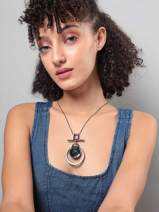 Silver-Plated Circular-Shaped Stones-Studded Pendants with Chains