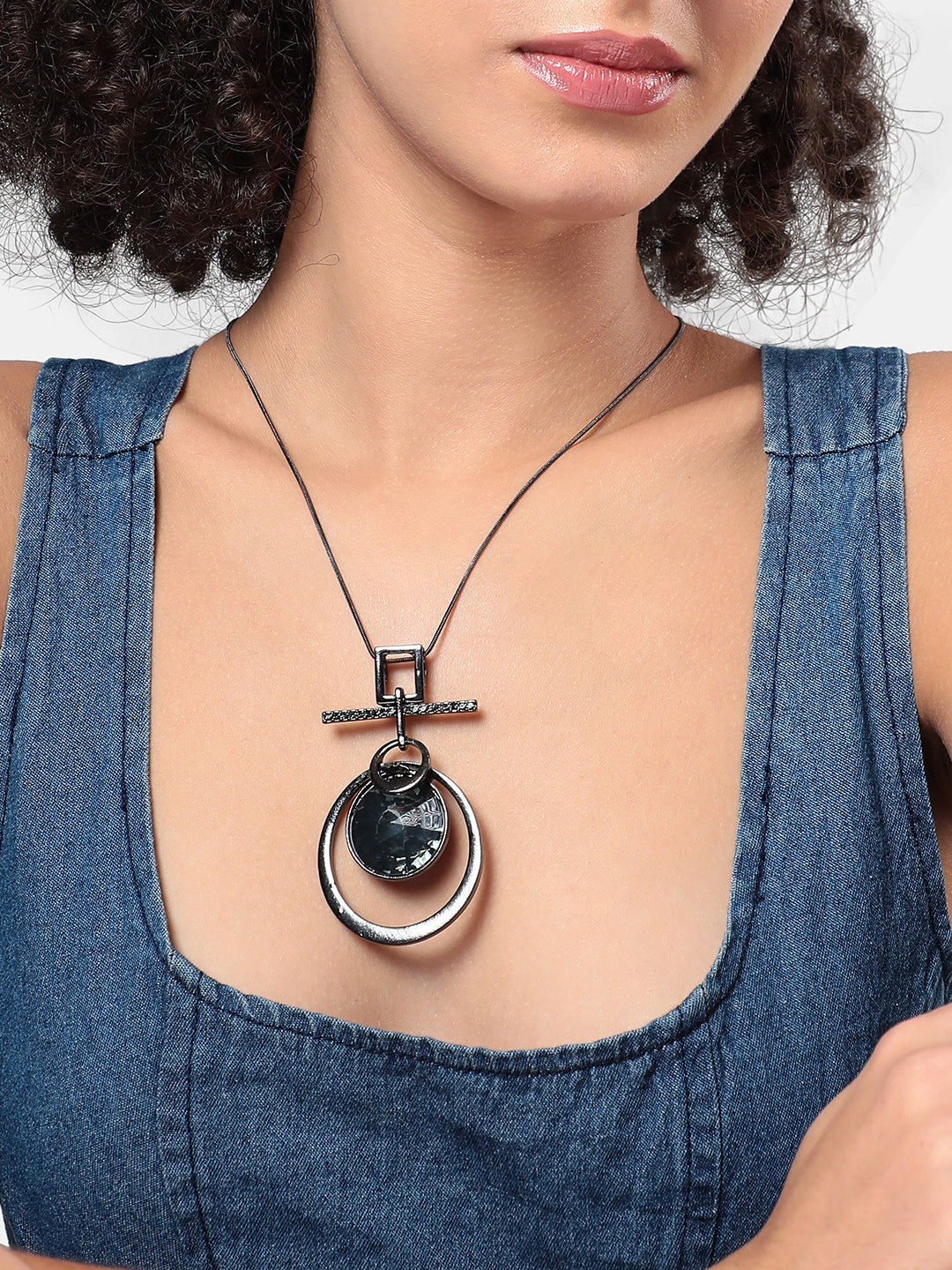 Silver-Plated Circular-Shaped Stones-Studded Pendants with Chains