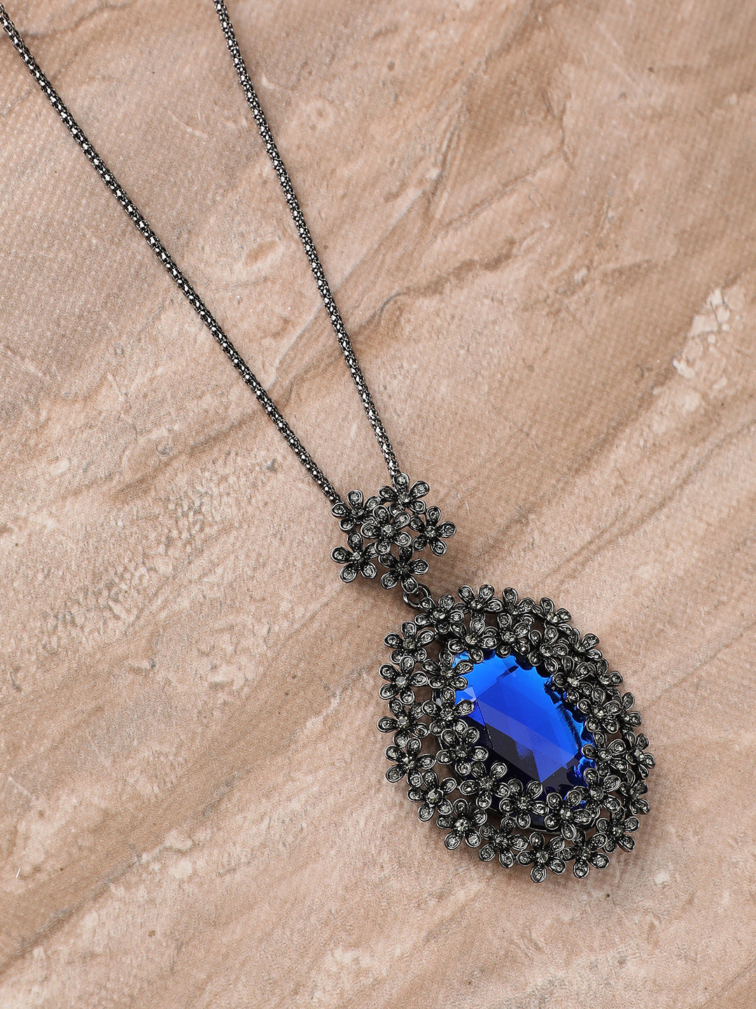 Silver-Plated Floral-Shaped Stone-Studded Pendant with Chain