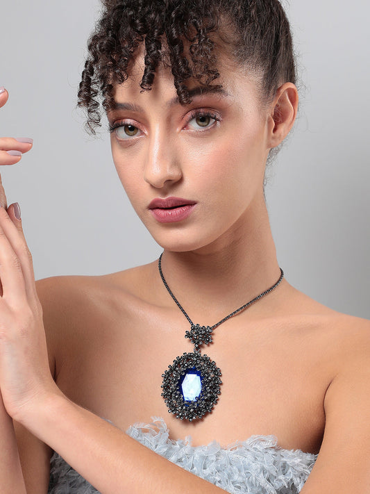 Silver-Plated Floral-Shaped Stone-Studded Pendant with Chain