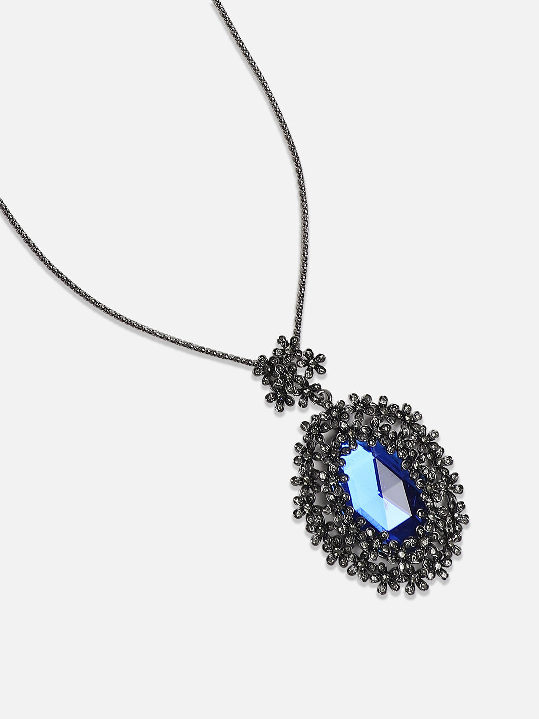 Silver-Plated Floral-Shaped Stone-Studded Pendant with Chain