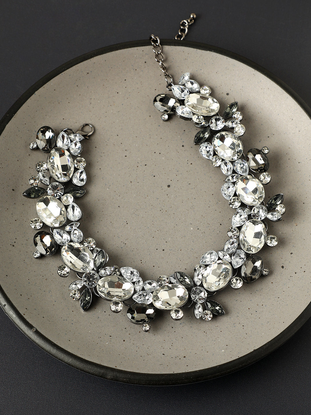 Silver-Plated Artificial Stones Studded Antique Necklace