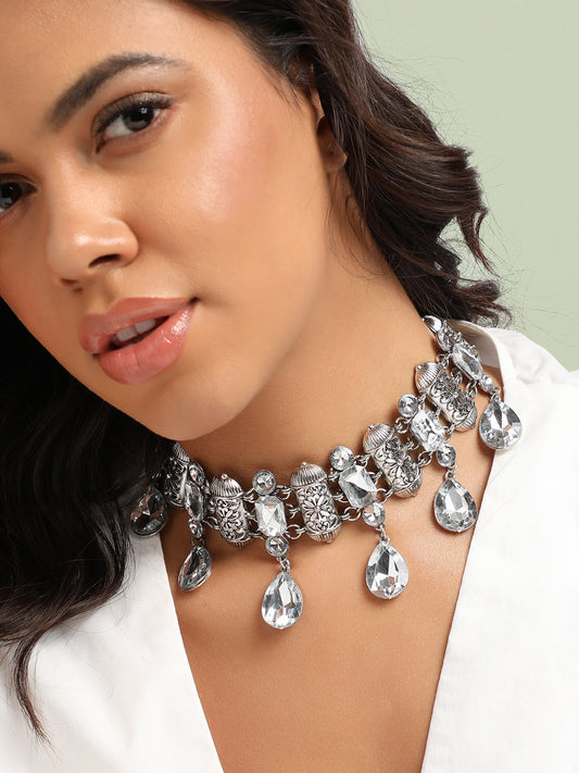 Silver Plated Stone Studded Choker Necklace