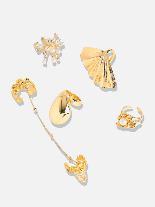 Set Of 5 Gold-Plated Artificial-Studded Adjustable Finger Ring