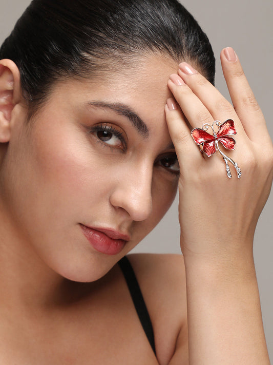 Gold-Plated Stone-Studded Butterfly Adjustable Finger Ring