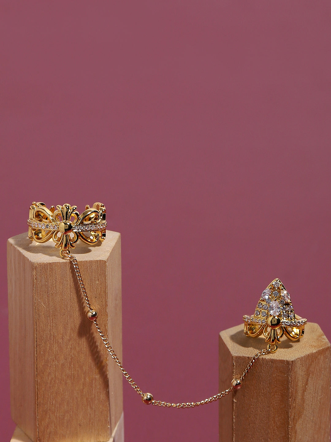 Gold-Plated Stone-Studded Adjustable Chain Linked Finger Ring