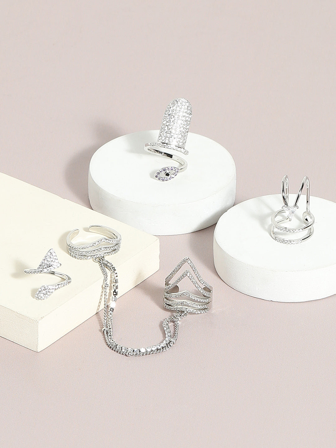 Silver-Plated Stone-Studded Adjustable Chain Linked Finger Ring