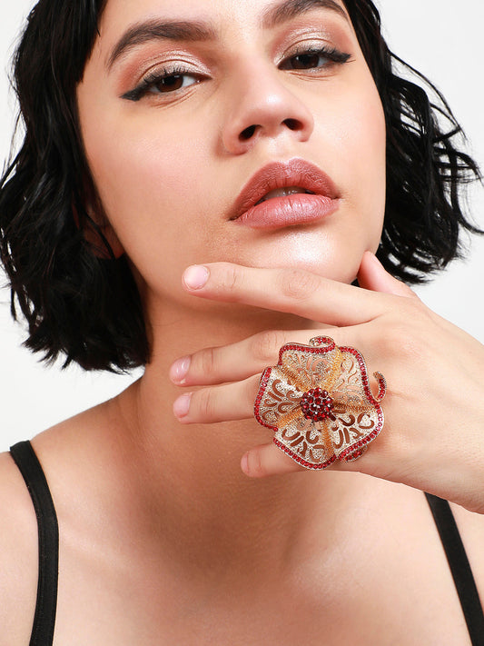 Gold Plated Stone Work Flower Ring