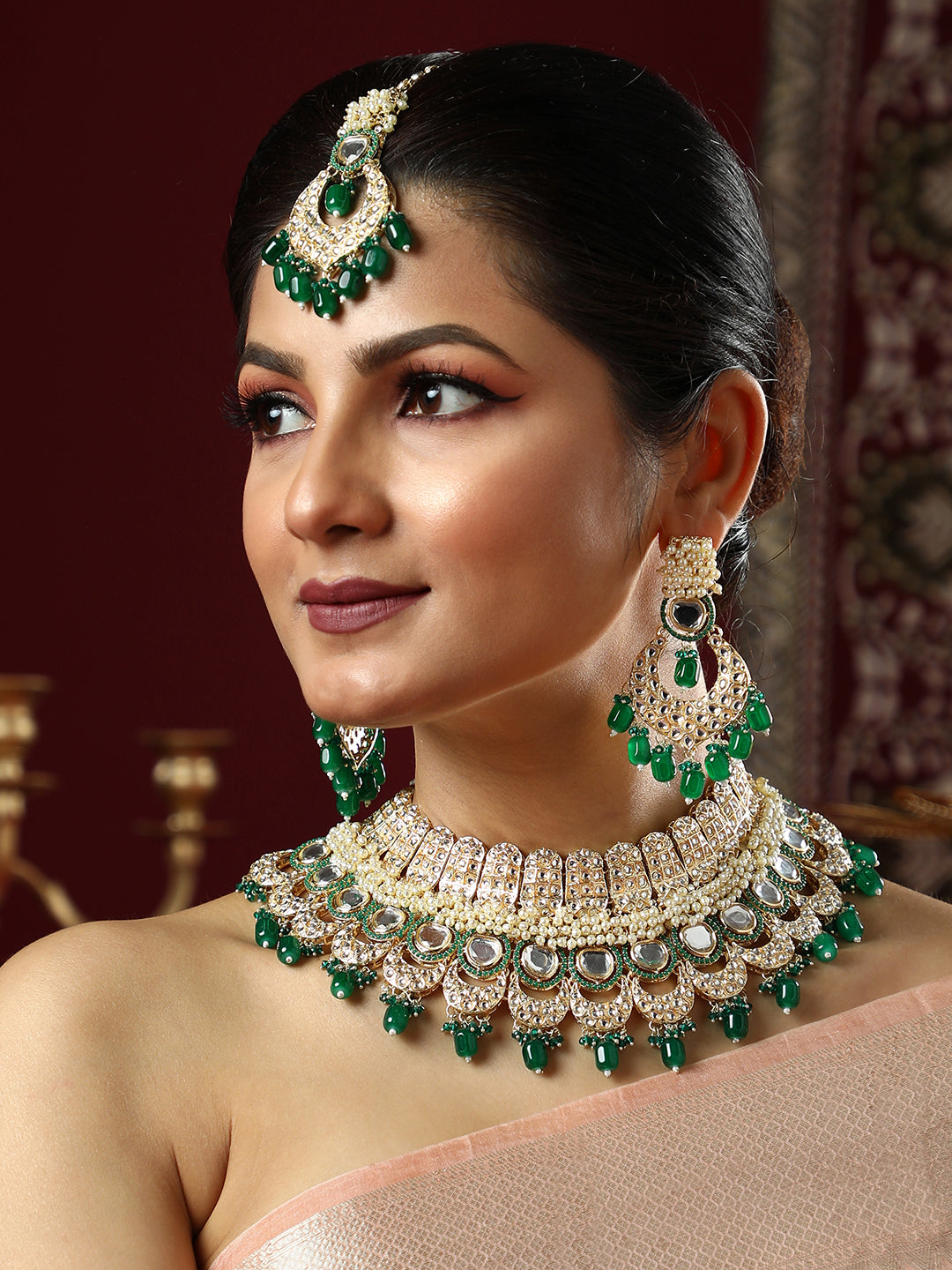 The Roshanara Jewellery Set - Emerald Green-SOHNCK1542