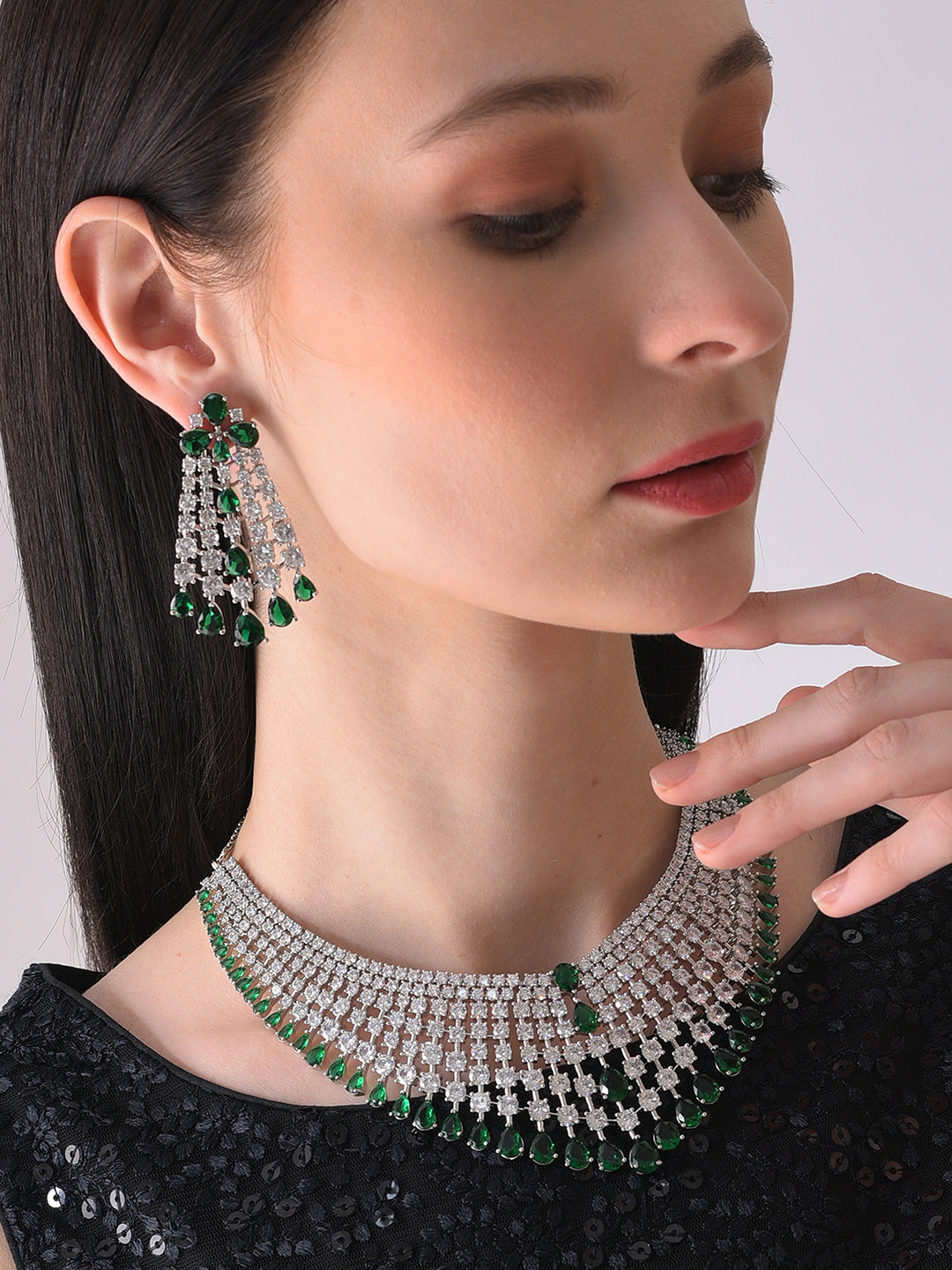 Silver Plated Designer Stone Necklace and Earring Set
