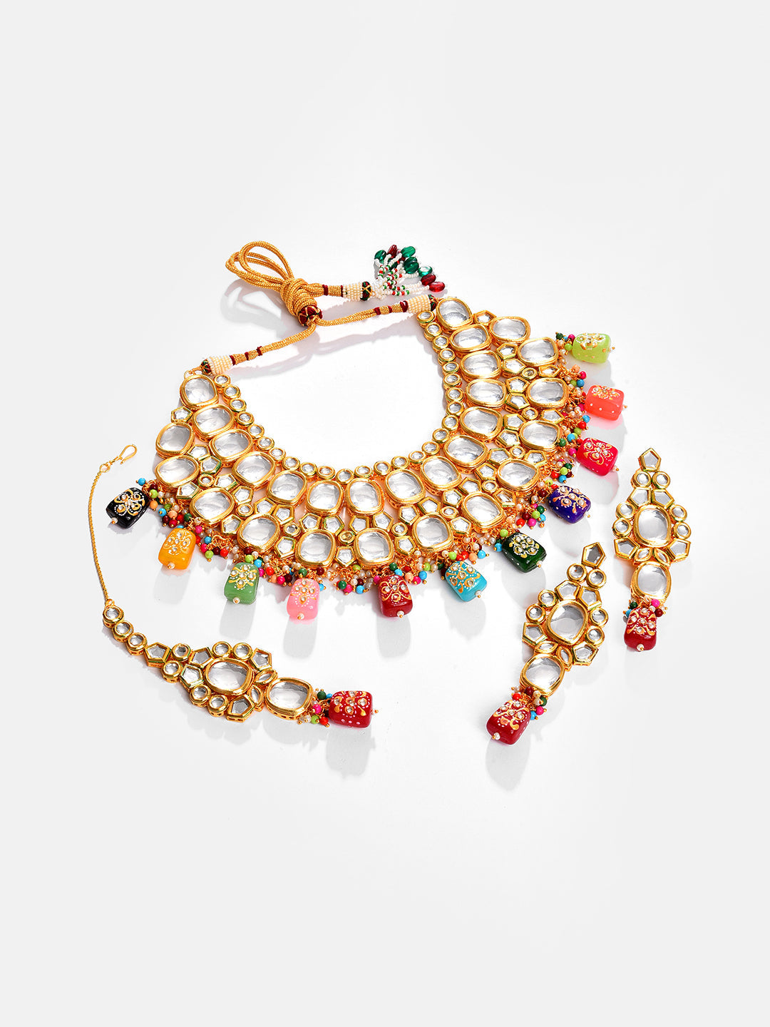 Gold Plated Kundan Beaded Necklace, Earrings and Maang Tikka Set