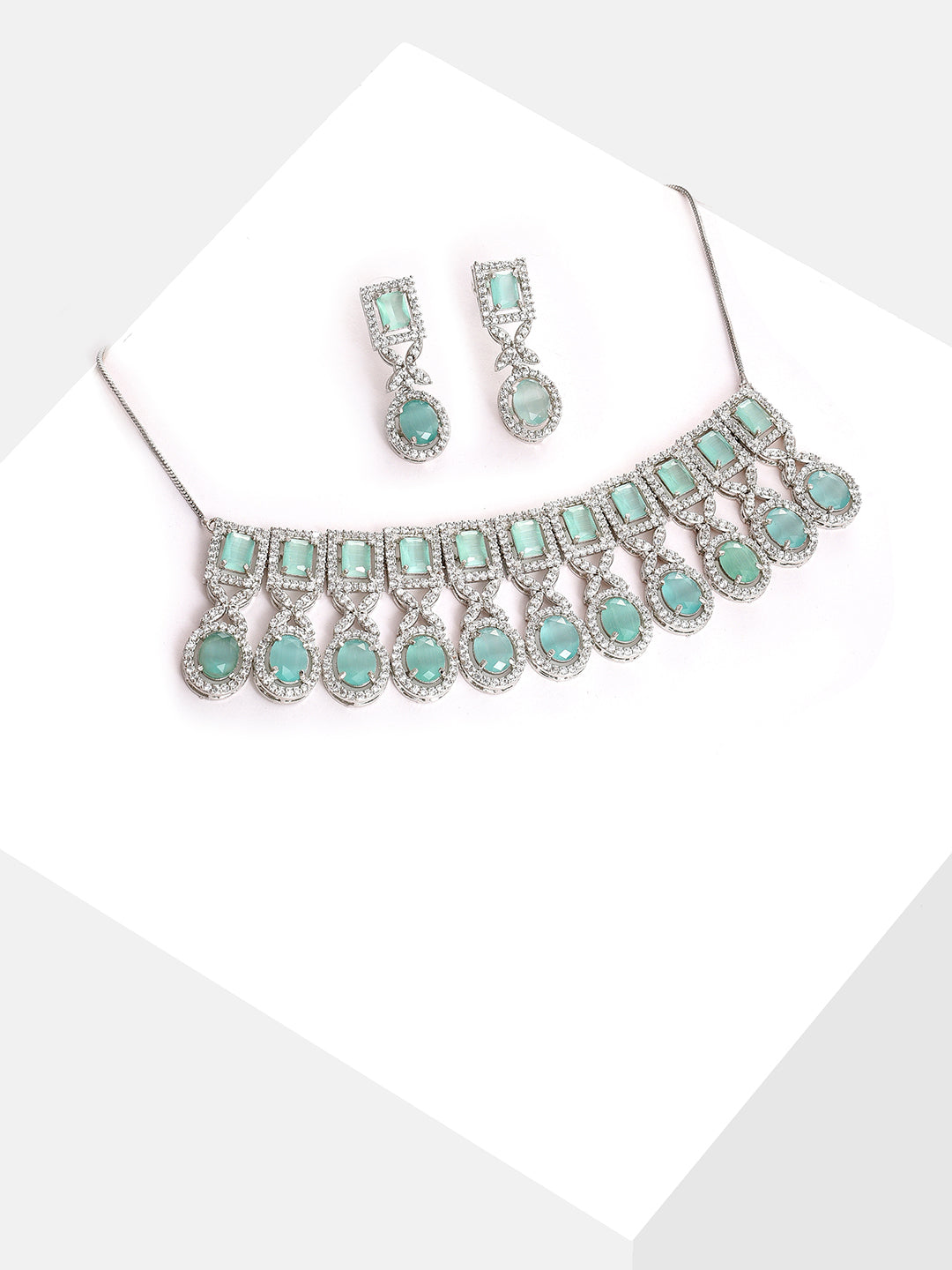 Silver Plated Designer Stone Necklace and Earring Set
