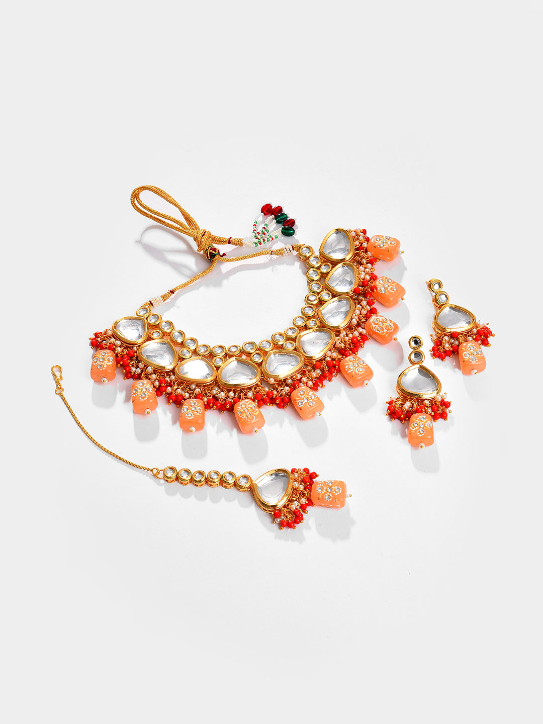 Gold Plated Kundan Beaded Necklace, Earrings and Maang Tikka Set