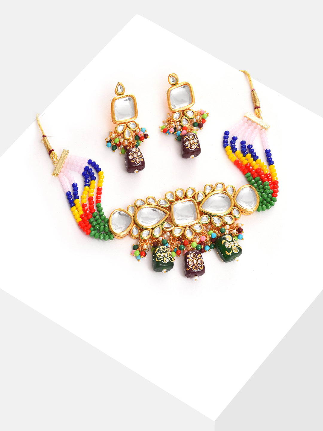 Gold Plated Kundan Beaded Necklace and Earring Set