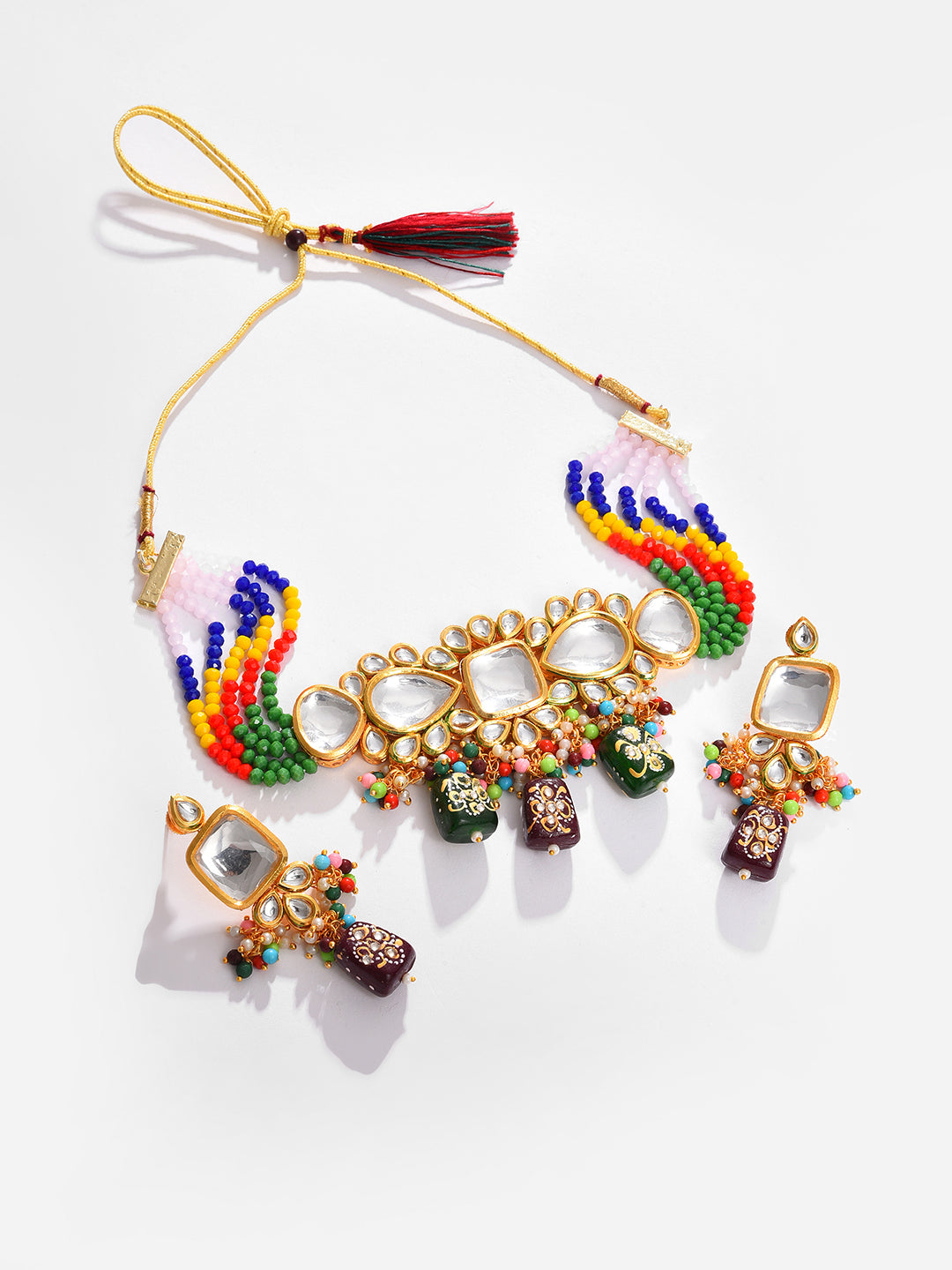 Gold Plated Kundan Beaded Necklace and Earring Set