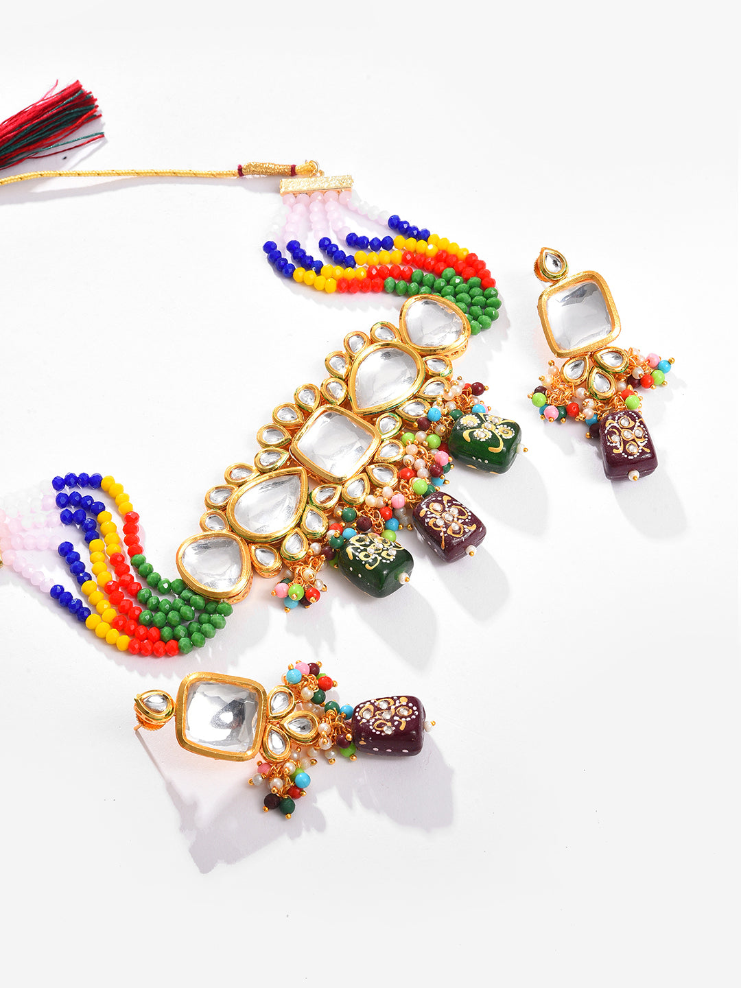 Gold Plated Kundan Beaded Necklace and Earring Set