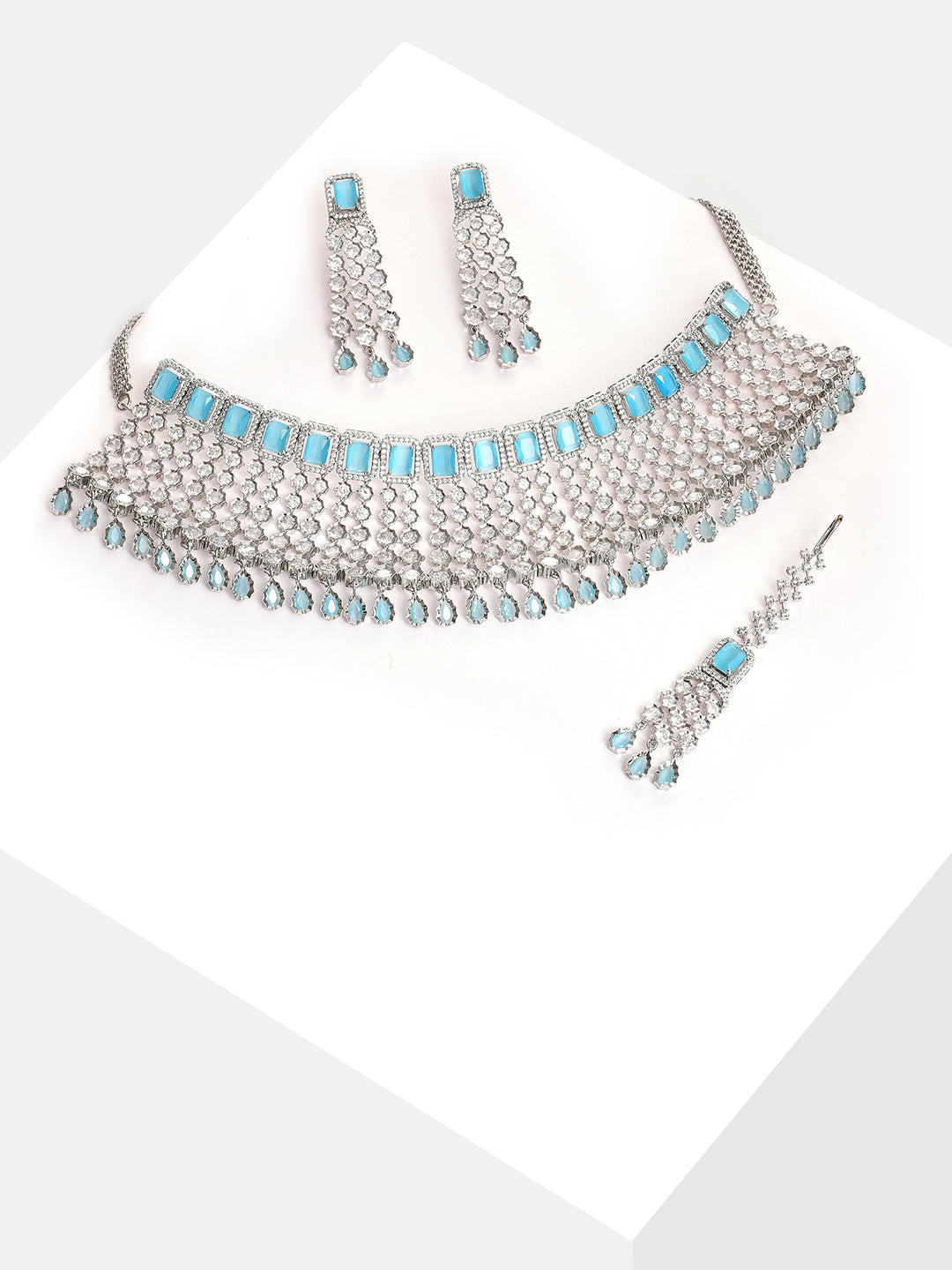 Silver Plated Designer Stone Necklace, Earrings and Maang Tikka Set