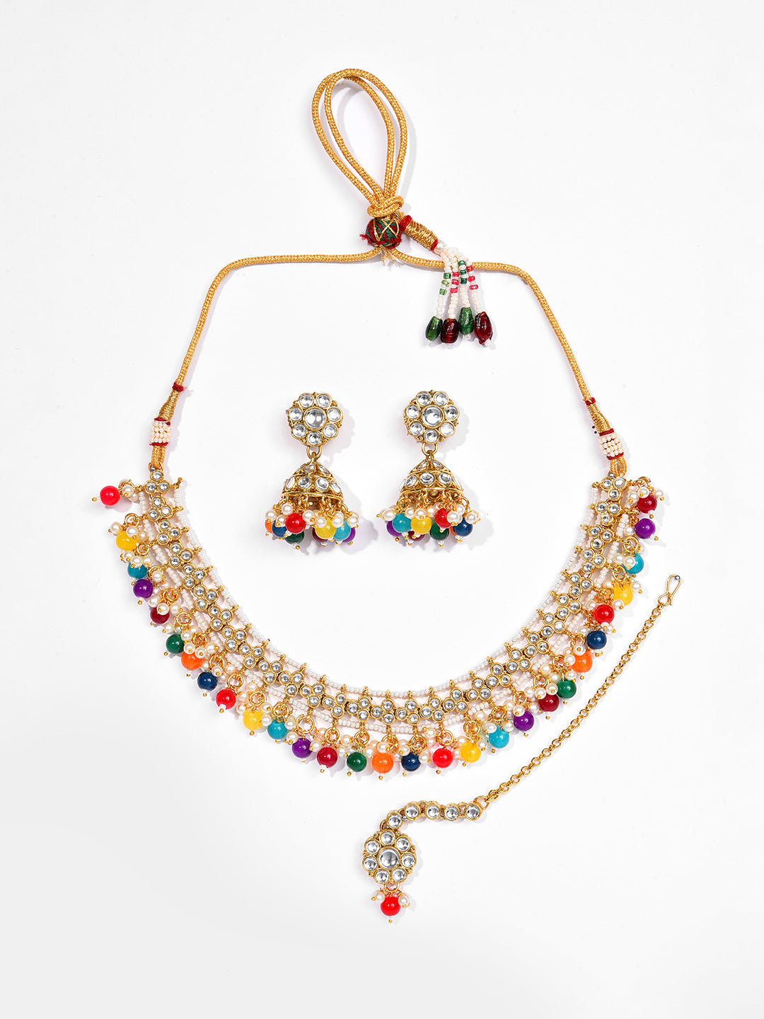 Gold Plated Designer Stone Beaded Necklace, Earrings and Maang Tikka Set