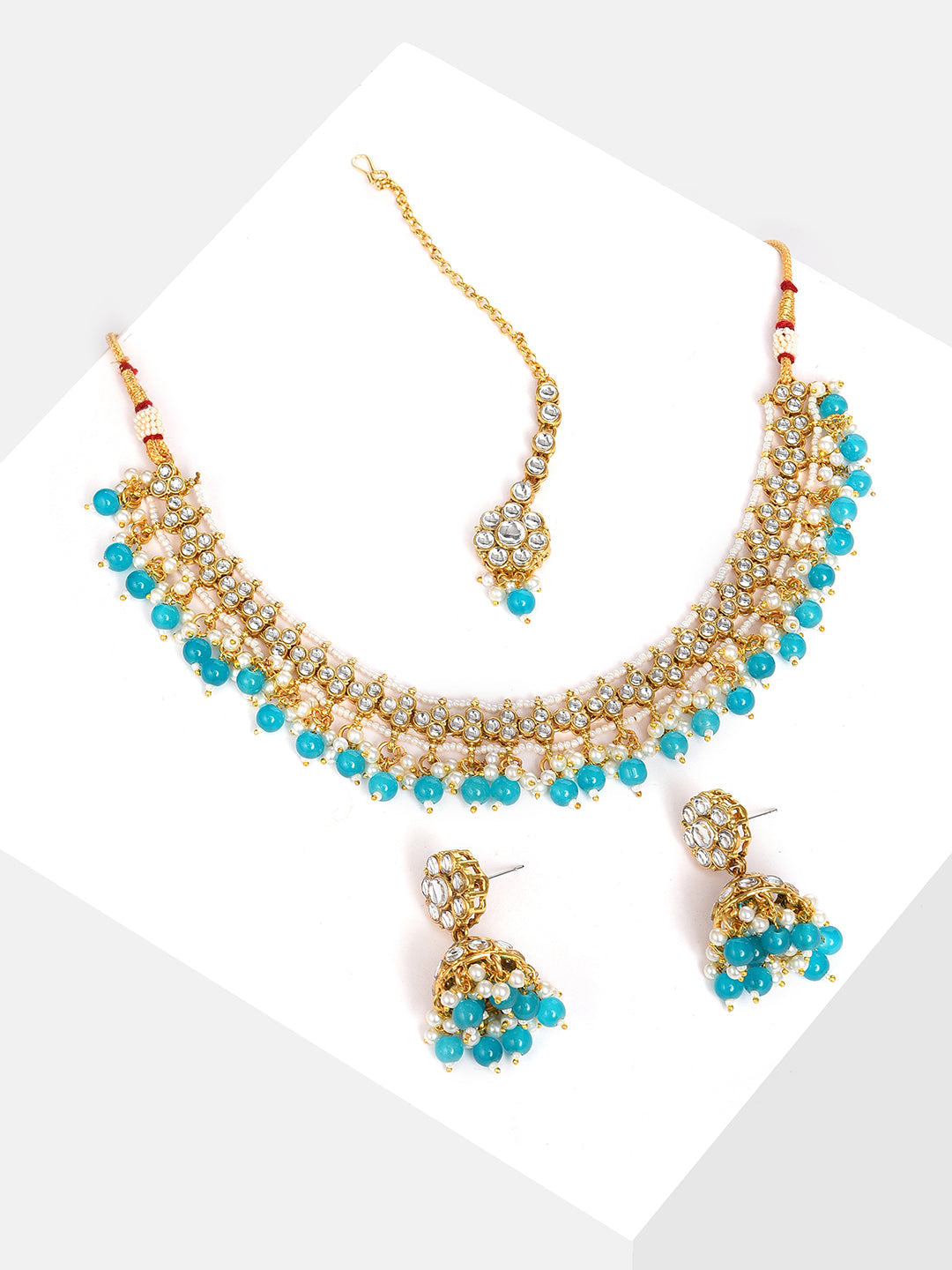 Gold Plated Designer Stone Beaded Necklace, Earrings and Maang Tikka Set