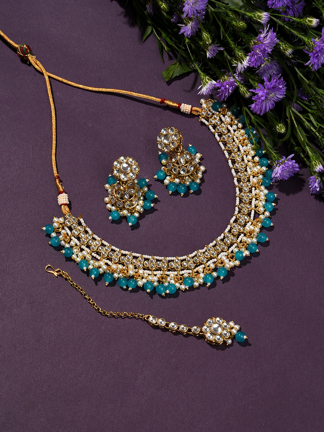 Gold Plated Designer Stone Beaded Necklace, Earrings and Maang Tikka Set